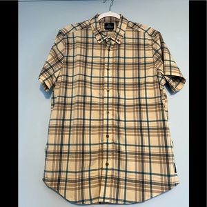 Prana Tan And Blue Mens Button Up Short Sleeve